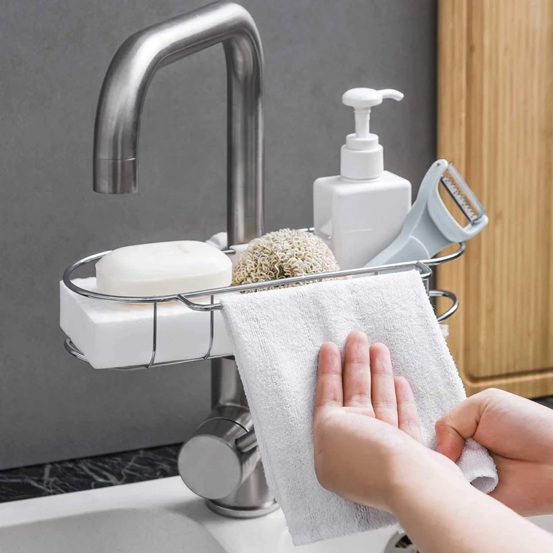 Держатель для губки кухонной мойки, органайзер для металлического ванны, держатель жидкости, кран-решетка, лоток для душа, фиксатор серебристого цвета.