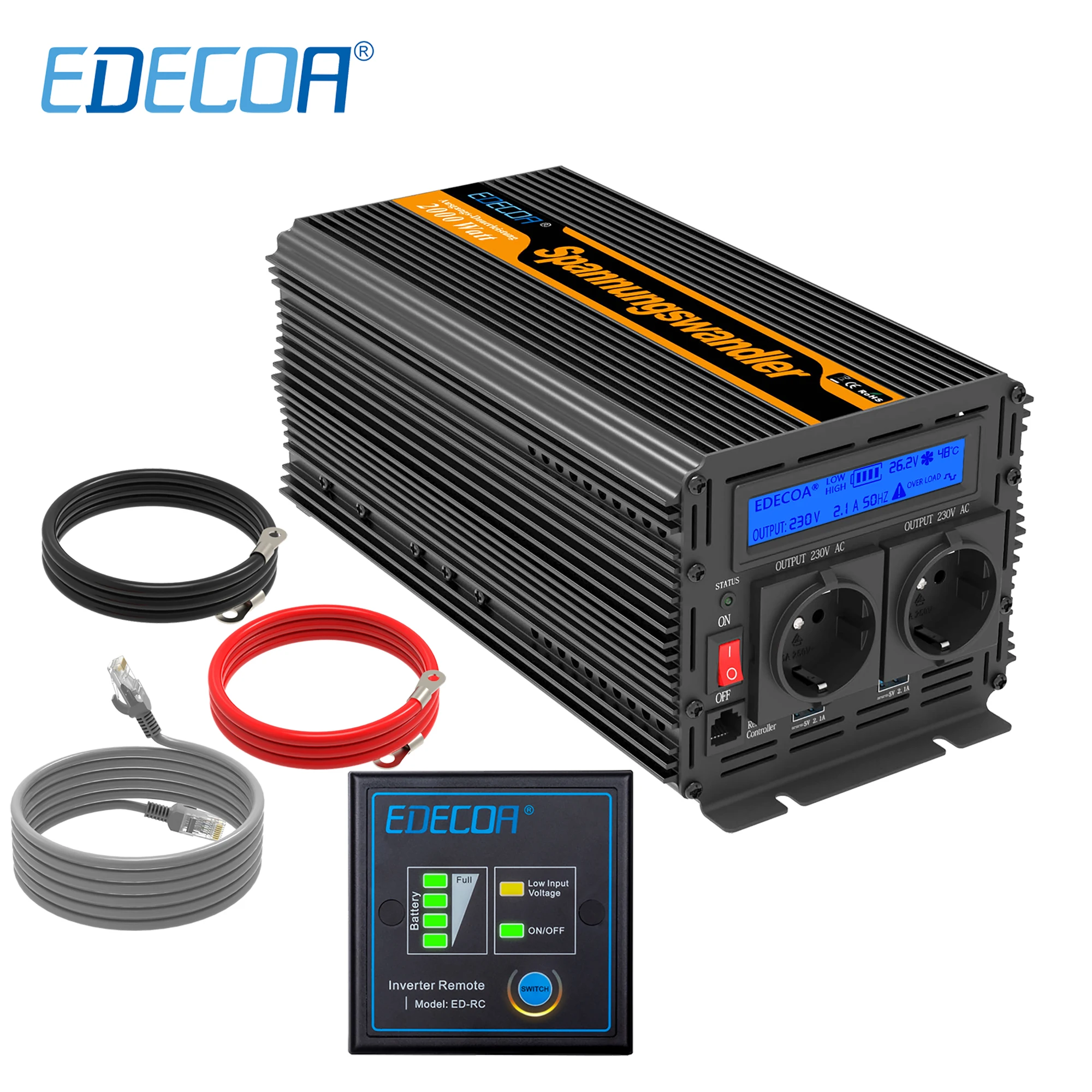 EDECOA DC 24V к AC 220V 2000w модифицированный синусоидальный инвертор с ЖК дисплеем пульт