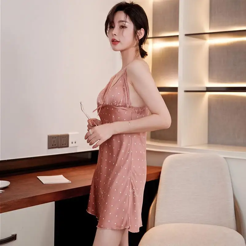 

Black Polka Dot Nightgown Women Satin Nightdress V-neck Spaghetti Strap Sleepwear Female Lace Sleep Dress Casual Home Dress