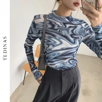 tie dye blue mesh top long sleeve t shirt women turtleneck see through tshirt designer fashion 2021 spring autumn