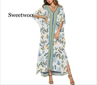 2020 new bohemian summer large size loose dress women vintage floral print batwing sleeve v neck split maxi dress