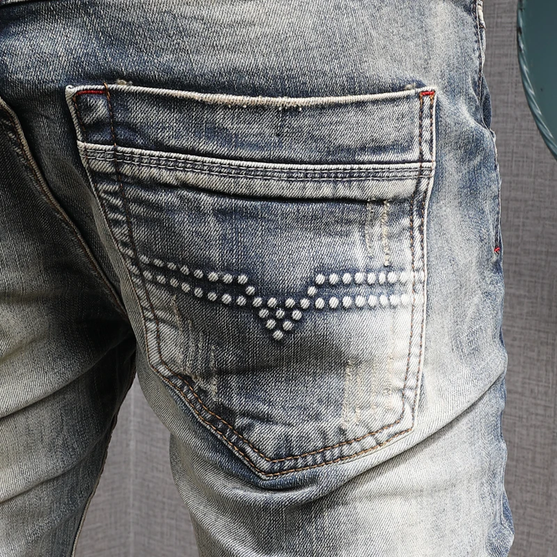 European Vintage Fashion Men Jeans Retro Wash Distressed Slim Fit Ripped Jeans Men Scratch Designer Casual Cotton Denim Pants