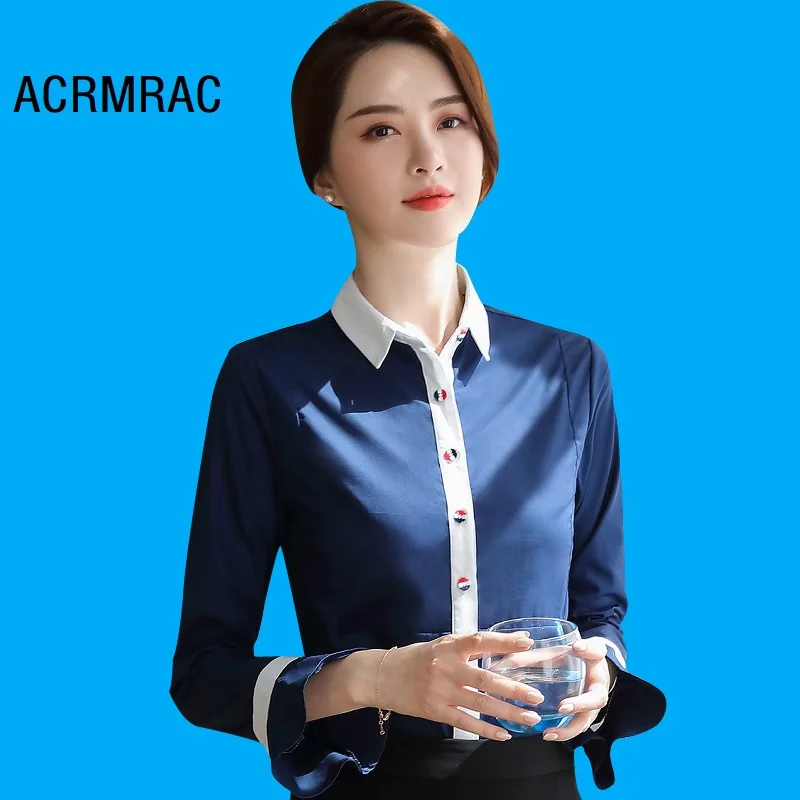 Women shirt Slim autumn Long sleeve splice OL Formal Blouses & Shirts Woman Q6163