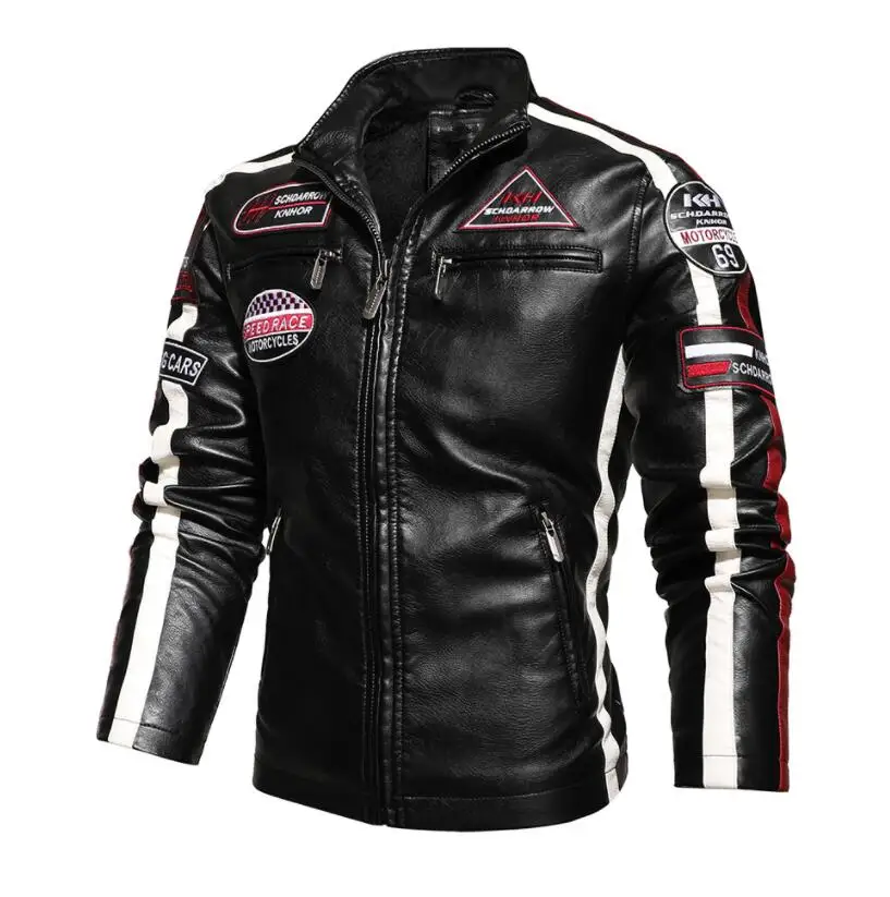 

Мужская винтажная мотоциклетная куртка, новая Байкерская кожаная куртка, Мужская куртка-бомбер с вышивкой, зимнее флисовое пальто из искус...
