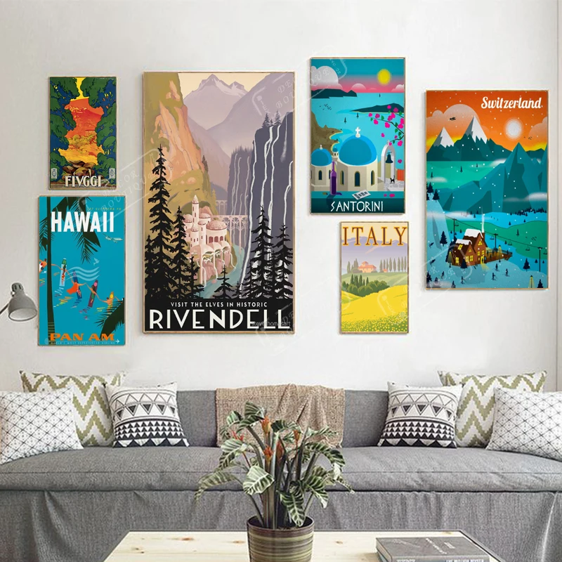 Эльфы в историческом Rivendell путешествия Винтаж плакат стиле ретро из крафт бумаги