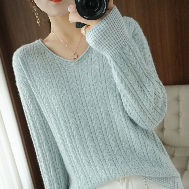

Autumn and winter women's pullover knit 100% pure wool sweater sweater V-neck cashmere thick slim solid color bottoming top