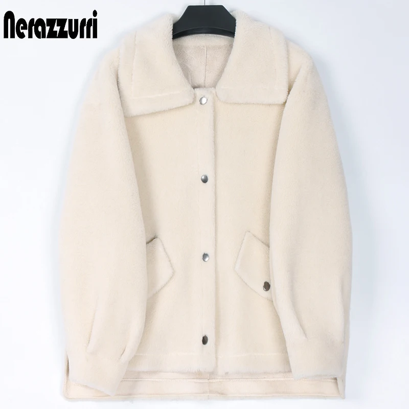 Куртка женская зимняя короткая теплая из искусственной овечьей кожи с длинным