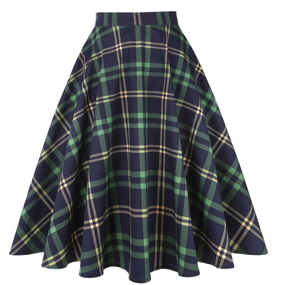 2021 Spring New Long Skirt Blue Green Striped Women Plaid Checkered Skirt 50s 60s Vintage Skirts faldas SS0006