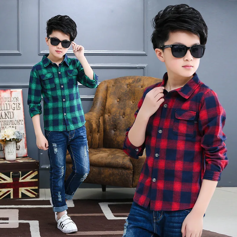 Модная клетчатая рубашка для мальчиков на весну и осень детская одежда