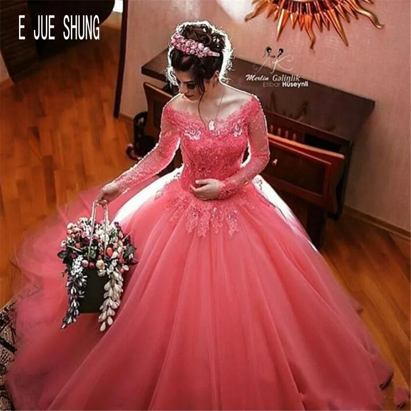 

E JUE SHUNG Gorgeous Pink Wedding Dresses Long Sleeves Boat Neck Lace Appliques Beading Button Back Ball Gown Bride Dresses