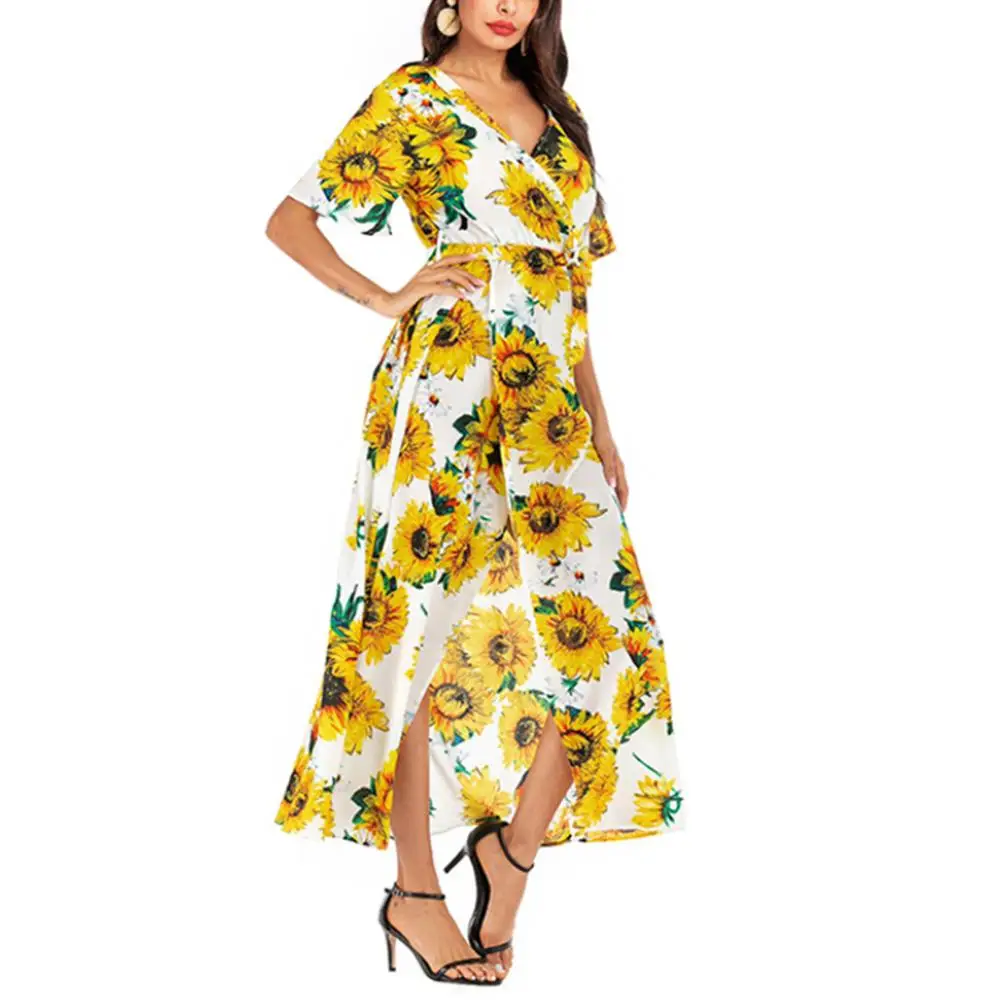 

Women Vintage Casual Chiffon Dress Summer Beach Sumdress Women Short Sleeves Floral Print Maxi Dress Long Party Dress