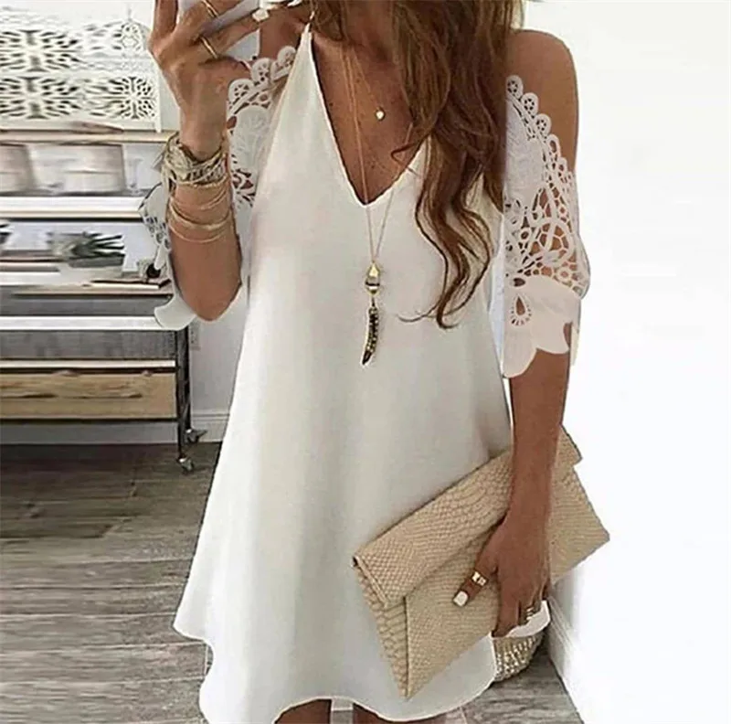 

Women Casual V-Neck Print Dress Off Shoulder Mini Dresses A-Line Party Sling Dress 2021 Summer Female Plus Size Robe
