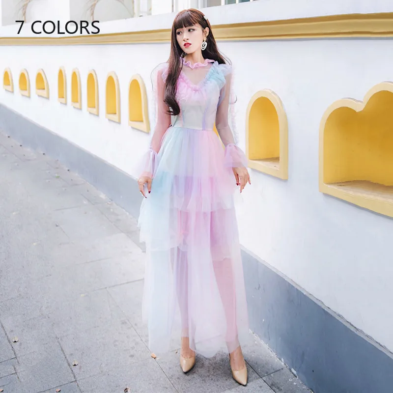 Платье с радужным градиентом весна-лето 2020 сексуальное прозрачное Сетчатое