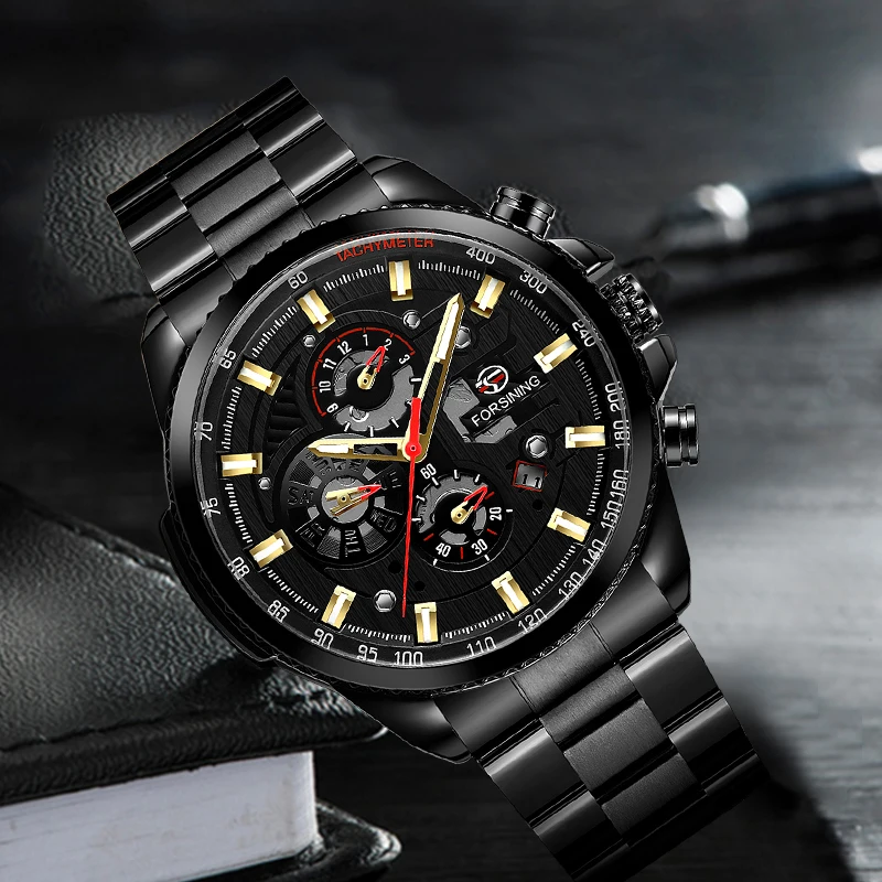 Прямая поставка Модные Forsining три циферблата календарь дисплей Черный