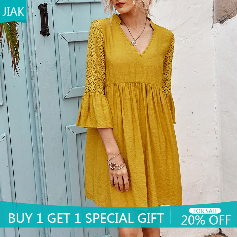 

JIAK V-Neck Dress For Office Lady Summer Hollow Flare Sleeve Sexy Women Vestidos Above Knee Outfits Soft Loose Mini Dresses