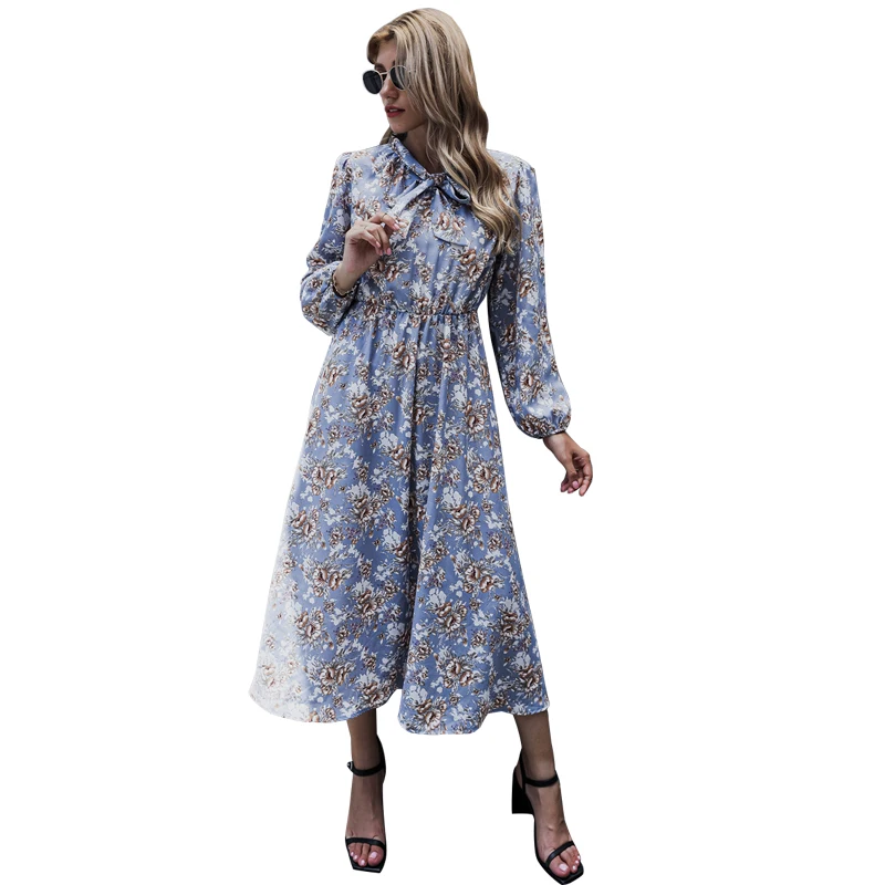 

Summer Floral Print Women Midi Dress Casual Loose Fashion Long Lantern Sleeve Bow Collar Elegant Female Party Dresses