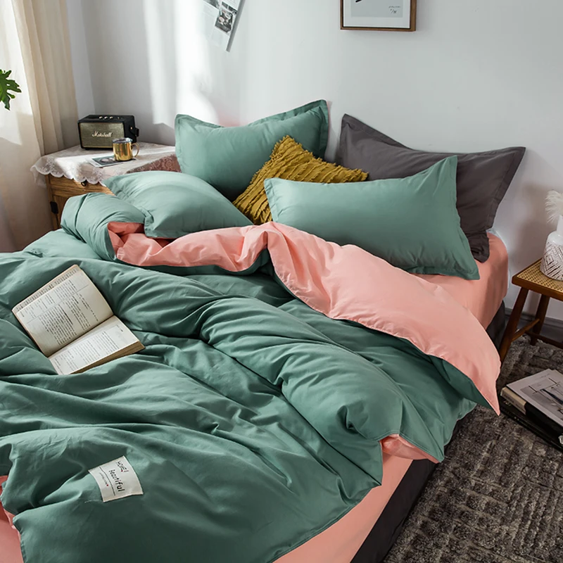 

Solid Green Bedding Sets Cotton Twin Full Queen Double Duvet Cover Sets Luxury Fashion Flat Sheet Pillow Cases Pink Bedclothes