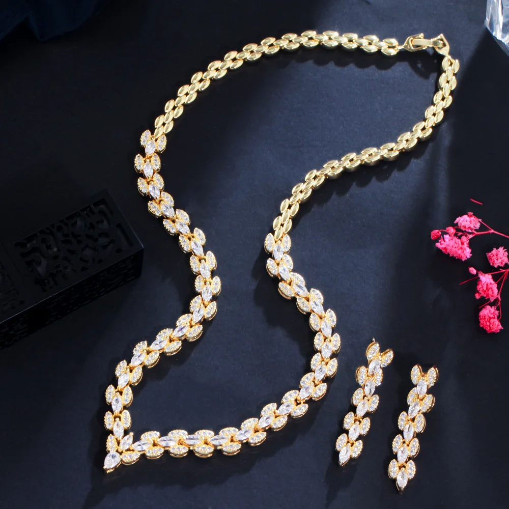 

Elegant Marquise Leaf Cubic Zirconia Women Wedding Collection Jewelry Set Gold Color Bridal Necklace Aessories T568