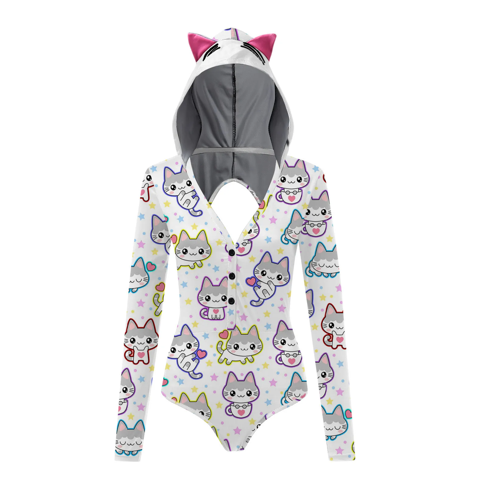 

Ear Hooded Romper Women Long Sleeve Playsuit V neck Skinny Bodysuit Women Bodysuit Shorts Body Top Tiger printing sleepwear club