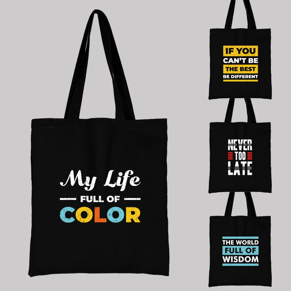 

Fashion Shopping Bag Woman Black Canvas Tote Casual Reusable Inspirational Words Phrase Pattern Printed Shoulder Bag Handbag