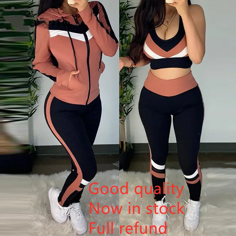 

Casual Women 3 Piece Set Colorblock Crop Top + High Waist Pants + Hooded Long Sleeve Coat Set Fashion Sportswear Clothing Outfit