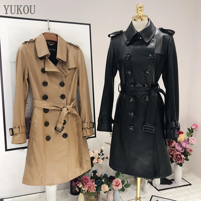 

2020 Women Coats Fashion 100% Genuine Leather Long Real Sheepskin Windcoat Female Double breasted coat
