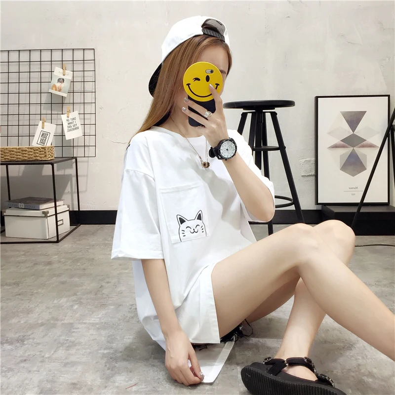 Футболка женская оверсайз с принтом кошки милая свободная парная одежда в стиле