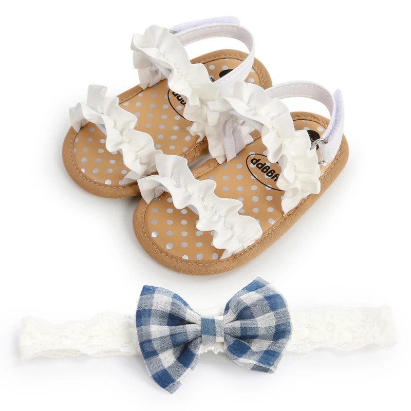 

2Pcs Baby Girls Fashion Sandal Summer Soft Sole Flat breathable Princess Shoes +Bow-Tie Headband Set Non-slip First Walkers0-24M