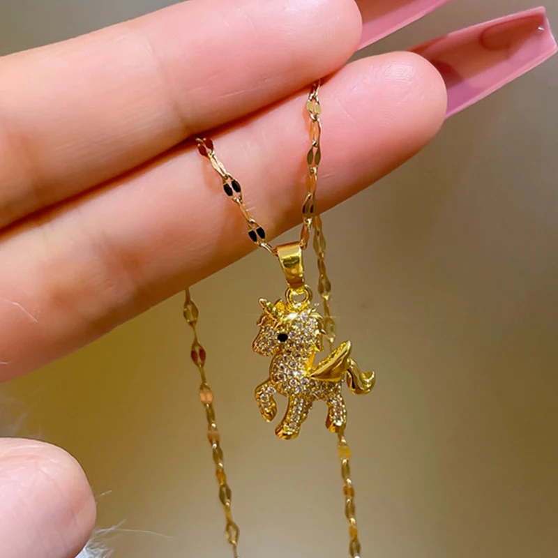 Милое животное единорога кулонное ожерелье для женщин Золотая нержавеющая стальная цепочка Вечеринка Женские украшения.