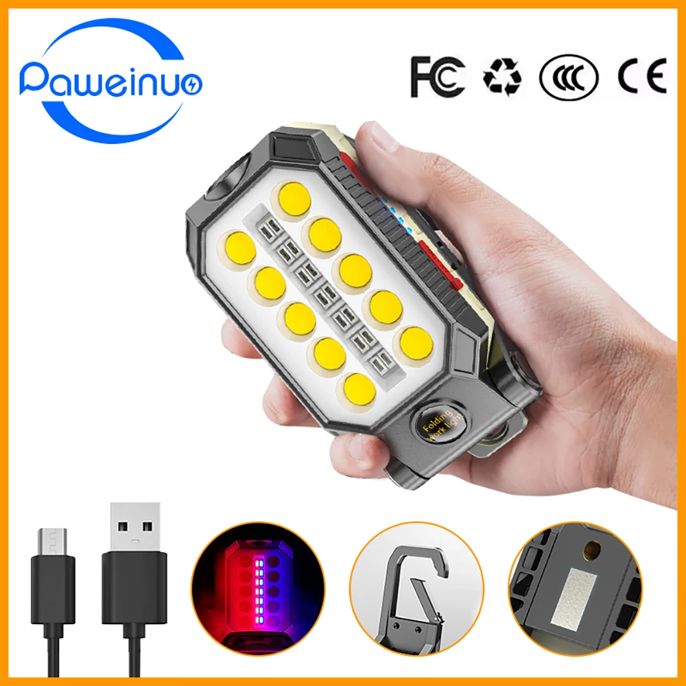 

Paweinuo USB Rechargeable LED Flashlight COB Work Light Portable Waterproof Camping LED Lantern Magnet Design with Power Display
