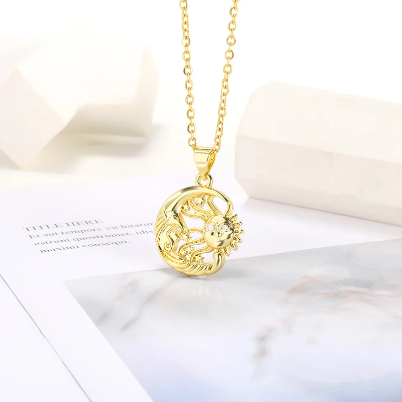 

Personalized Sun Crescent Necklace Gold Irregular Hollow Sun Moon Face Pendant Necklace Copper Charm Jewelry Gifts For Women Men