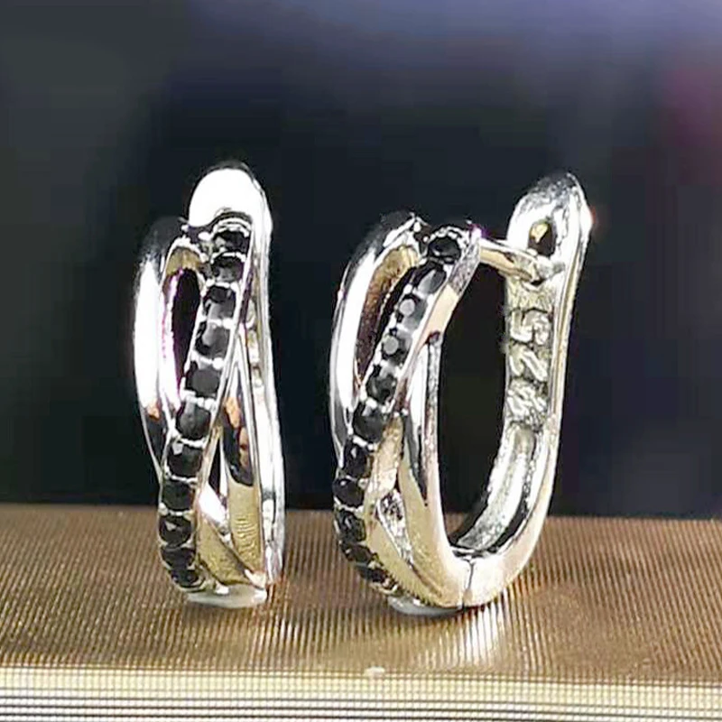 

Fashion Silver Plated Cross Women Earrings Black Stone Daily Wearable Hoop for Men Party Korean Style Gift Accessories