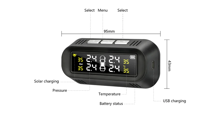 E-ACE умный автомобиль TPMS Солнечная зарядка автомобильная система контроля давления в шинах цифровой дисплей система сигнализации 4 внутренних датчика