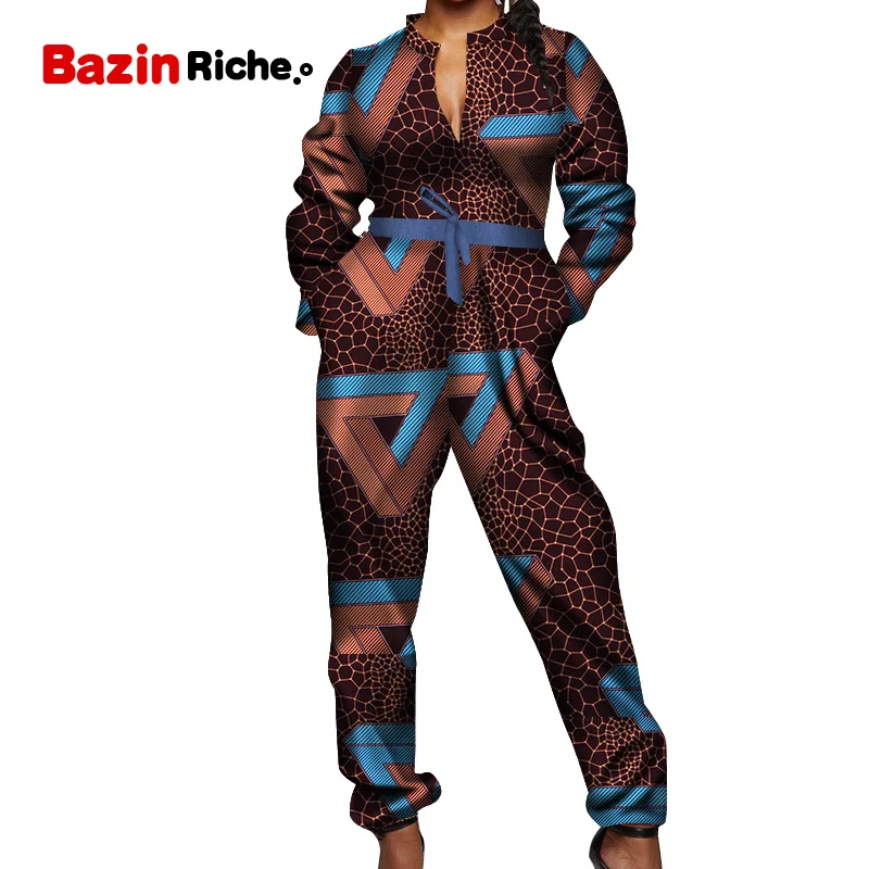 

New African Jumpsuit Women Long Sleeve Bazin Ankara Print Casual Lady Romper WY5298