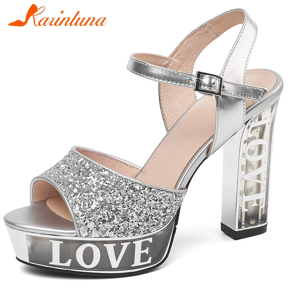 

Женские босоножки с блестками KARINLUNA, сандалии на платформе и высоком каблуке, с принтом, для вечеринки, лето