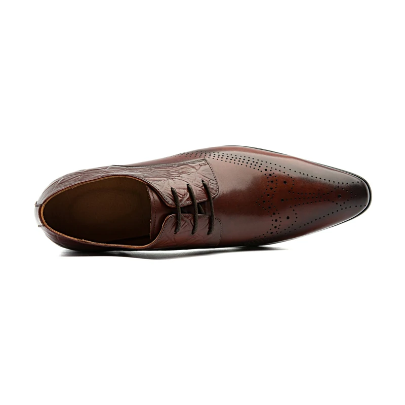 

New Classic Pointed Toe Wine Red Man Office Shoes Genuine Leather Formal Dress Oxfords Handmade Brogue Wedding Party Men's Flats