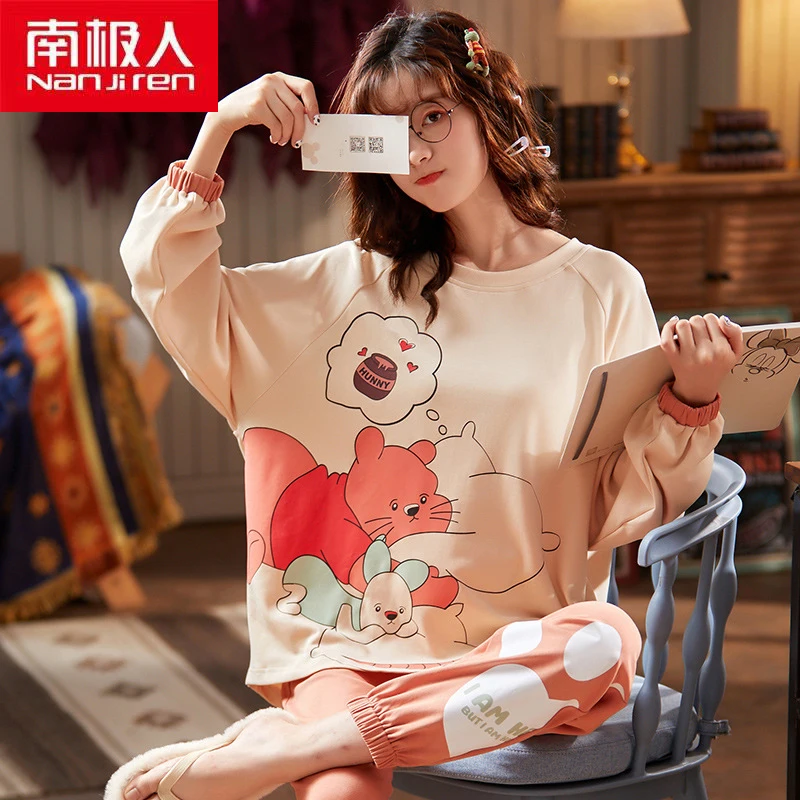 

Женская одежда NANJIREN, домашний пижамный комплект, пуловер в стиле принцессы с мультяшным принтом, хлопковый домашний пижамный комплект с кру...