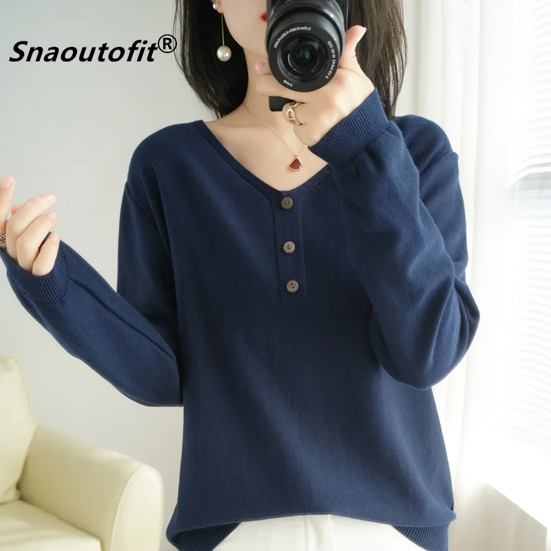 

2021 Spring Autumn New Temperament Pure Cotton Long-Sleeved T-Shirt V-Neck Loose Pullover Women's Knitted Bottoming M-2XL ZD-35