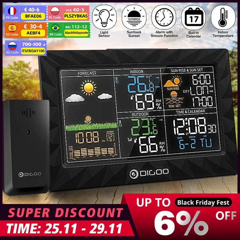 

Метеостанция DIGOO DG-TH8988 с ЖК-дисплеем, комнатный термометр, барометр влажности, будильник, календарь для восхода и заката