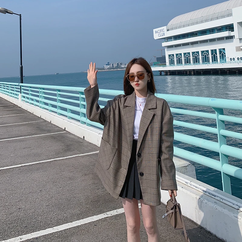 

2021 Spring Elegant OL Series Single-breasted Blazer Women Gray Feminino Plaid Coat Basic Jacket Office Femme Korean Clothing