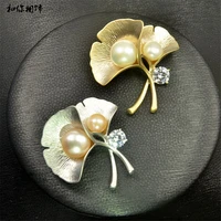 natural pearl high grade south korea zircon brooch ginkgo leaf pin coat decorative collar pin