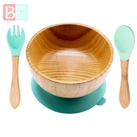 baby feeding bowl baby dinner plate wooden kids feeding dinnerware with silicone suction cup wooden fork spoon childrens dishes