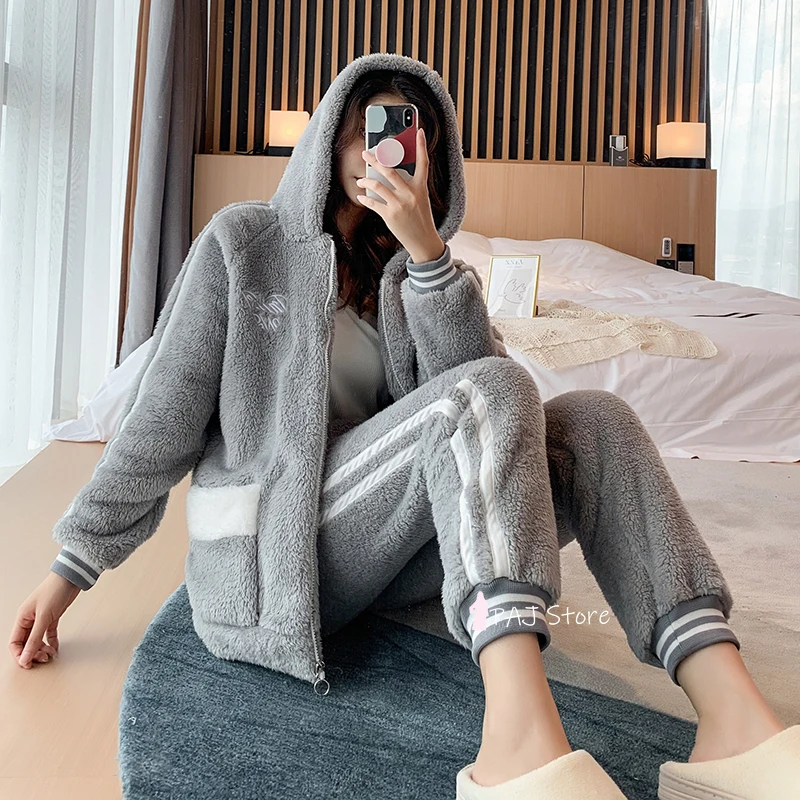 Женская Фланелевая пижама с капюшоном Теплый Бархатный пижамный комплект зима