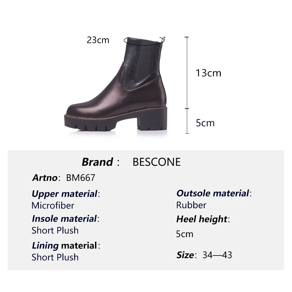 

Bescone Slip On Ankle Chelsea Boots Woman High Quality Leather Round Toe Med Chunky Heel Thick Bottom Patchwork Lady Shoe BM667
