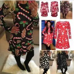 Модные женские стильные рождественские платья с принтом Санта-Клауса длинными