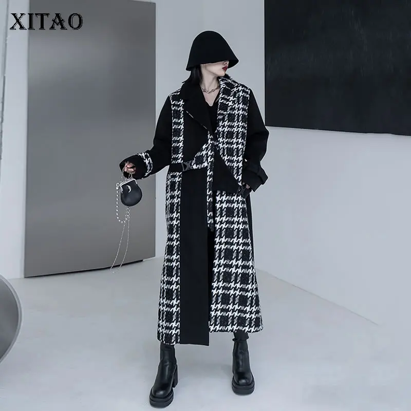 

XITAO New Irregular Splicing Wool Blends Coat Fashion Bandage Contrast Color Tweed Simplicity Temperament Women Coat GWJ1261