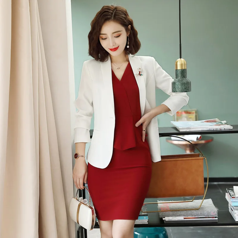 2019 белый костюм + платье двухсекционная юбка Женский офисный женские офисные