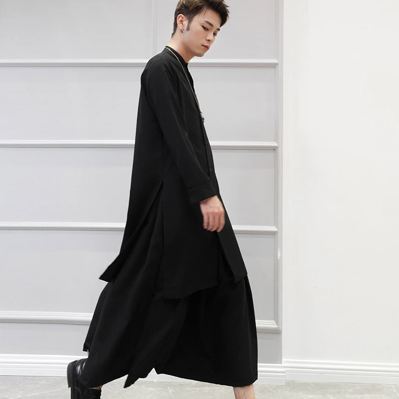 Рубашка мужская с воротником-стойкой, приталенная Длинная сорочка с длинными рукавами, трендовая красивая в Корейском стиле для осени от AliExpress RU&CIS NEW