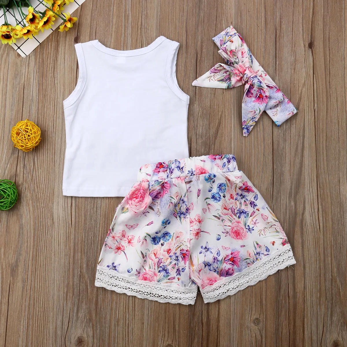

Summer Newborn Baby Girl Clothes Floral Tops+Lace Pants Outfits Sunsuit Headband 3PCS Outfits 0-3Y