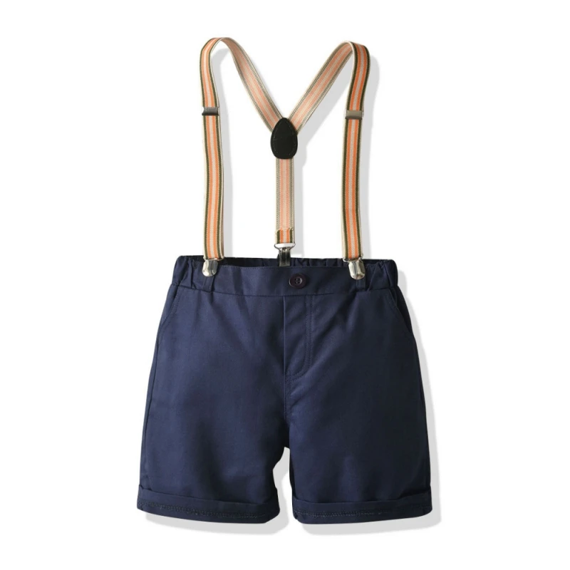 

Boys Fashion Lapel Gentleman Printed Short Sleeve Top + Sling Pants Summer Sets Europe And America Style 2021